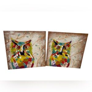 Colorful Textured Owl Canvas Wall Art Set ~ 16” x 16”
